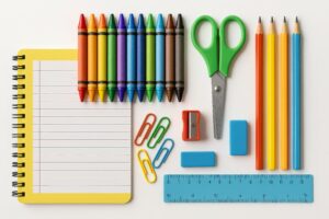 クレヨンや鉛筆などの文房具を並べた白背景の構成