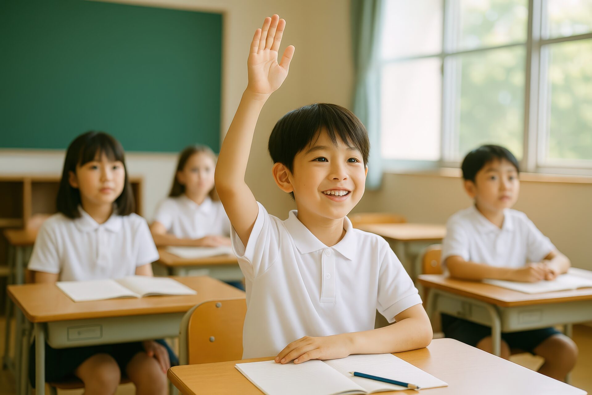 教室で手を挙げる元気な小学生の男の子