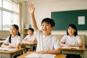 笑顔で手を挙げる小学生の男の子とクラスメイトたち
