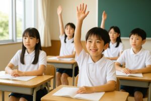 授業中に手を挙げて発言する小学生の男の子とクラスメイトたち