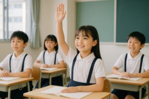 教室で手を挙げて発言する小学生の女の子