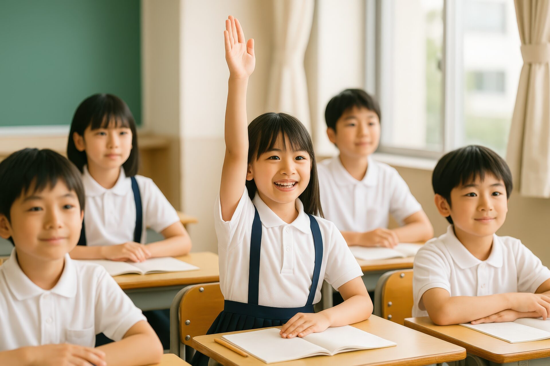 教室で元気に挙手する小学生の女の子とクラスメート