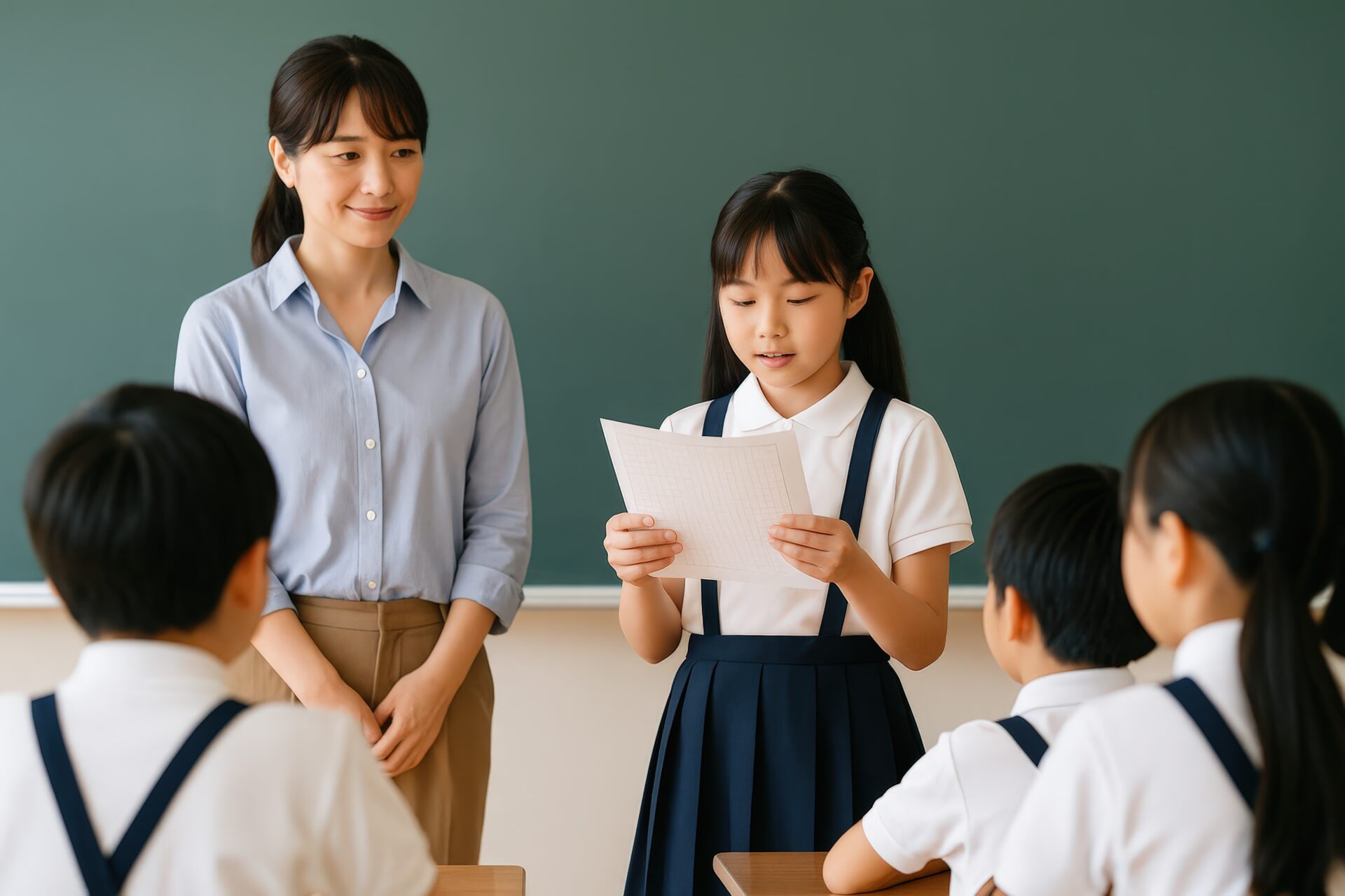 教室で作文を読む小学生の女の子と見守る女性教師