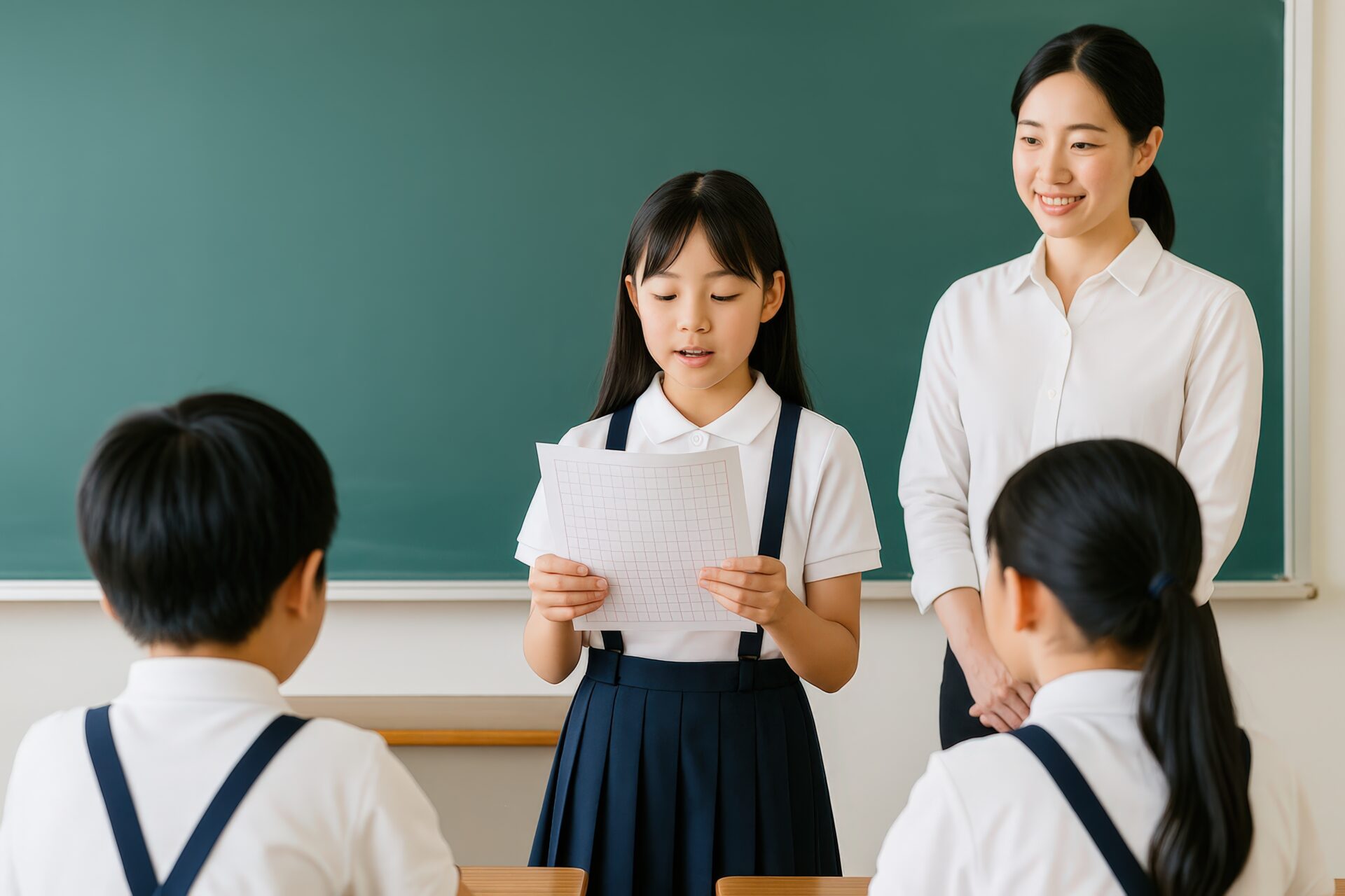 黒板の前で発表する小学生の女の子と教師とクラスメート