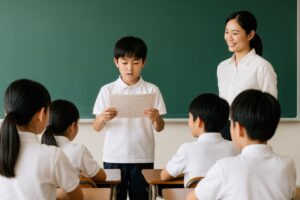 教室で原稿を読み上げる小学生の男の子と女性教師