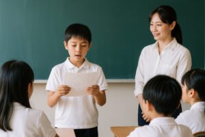 黒板の前で発表する小学生の男の子と先生とクラスメート
