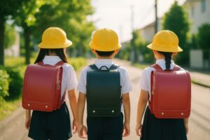 通学中の小学生3人の後ろ姿とランドセル