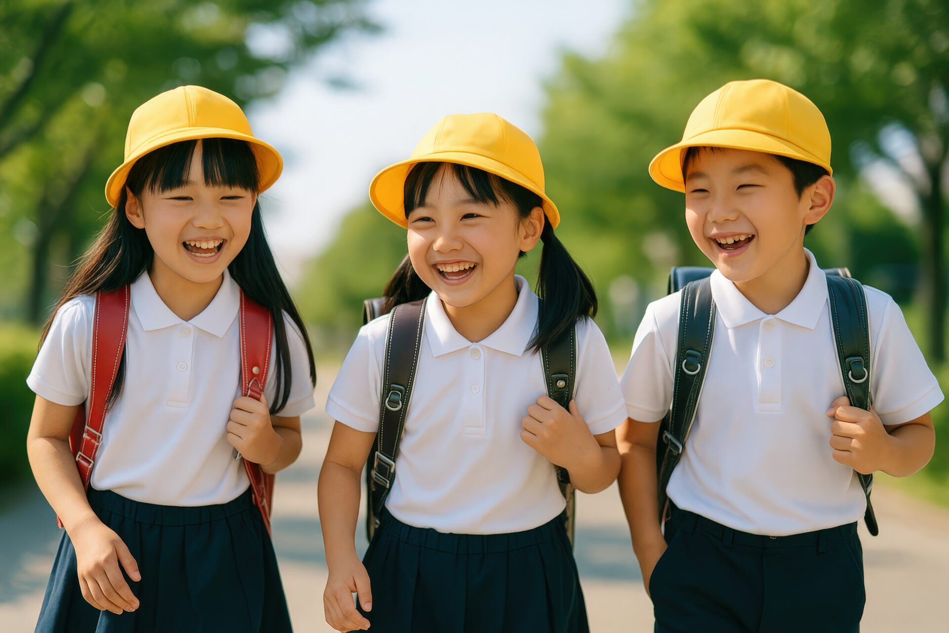 登校中に笑顔で並ぶ小学生の男の子と女の子