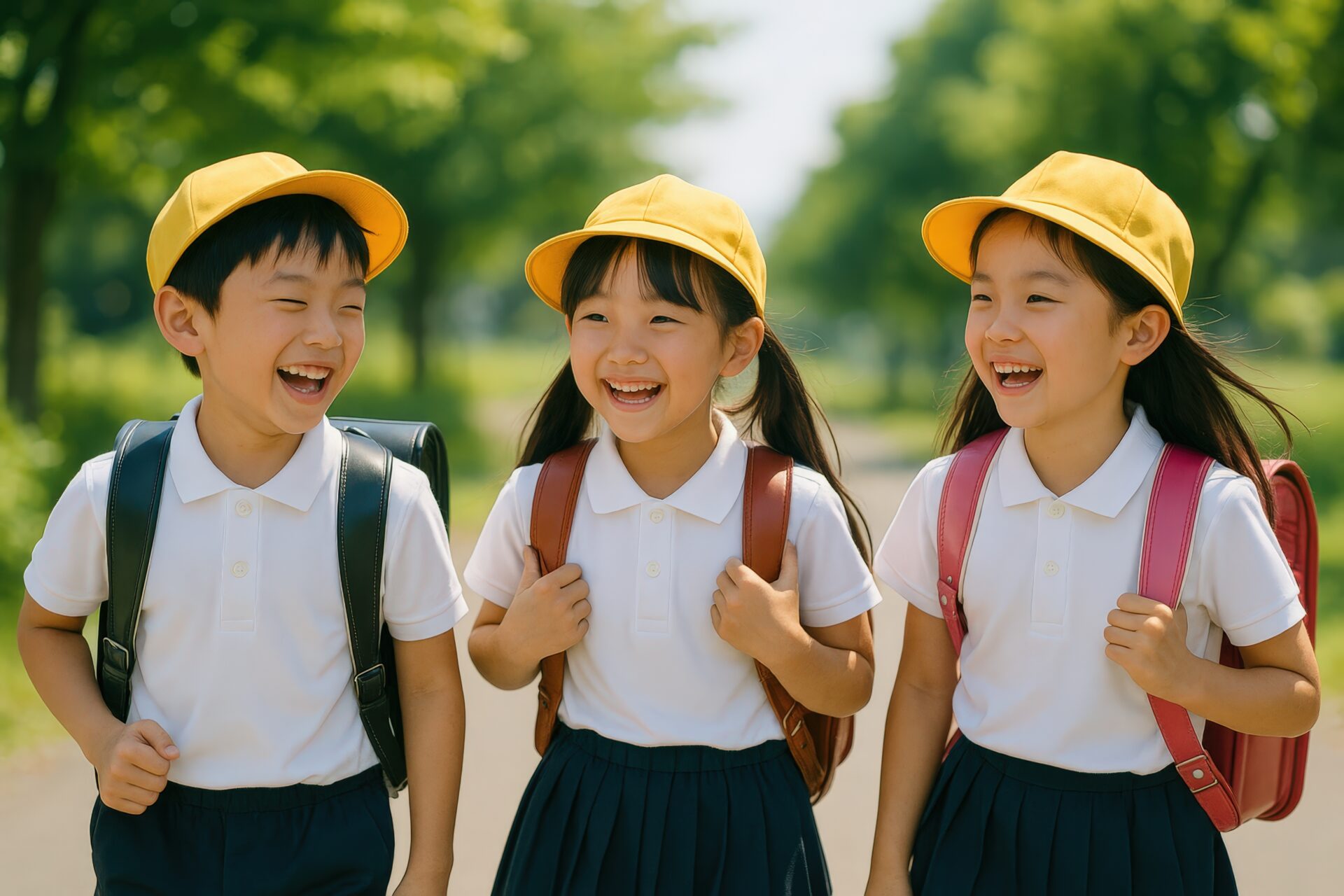 笑顔で登校する小学生3人と夏の通学路