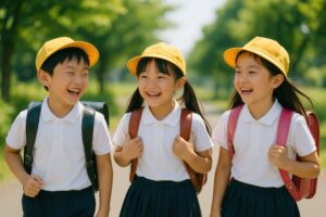笑顔で登校する小学生3人と夏の通学路