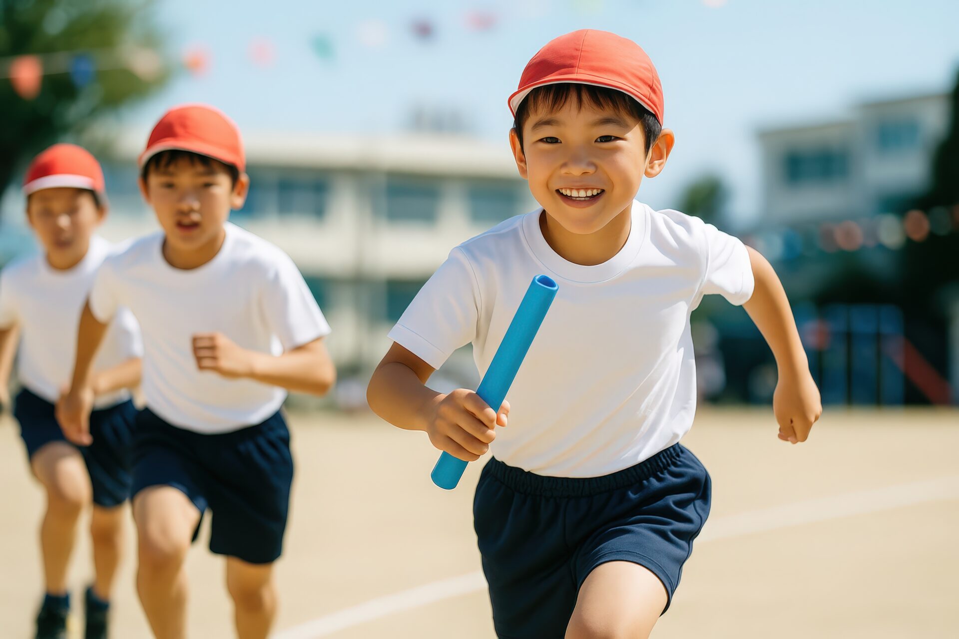 運動会でバトンを持って全力疾走する小学生の男の子