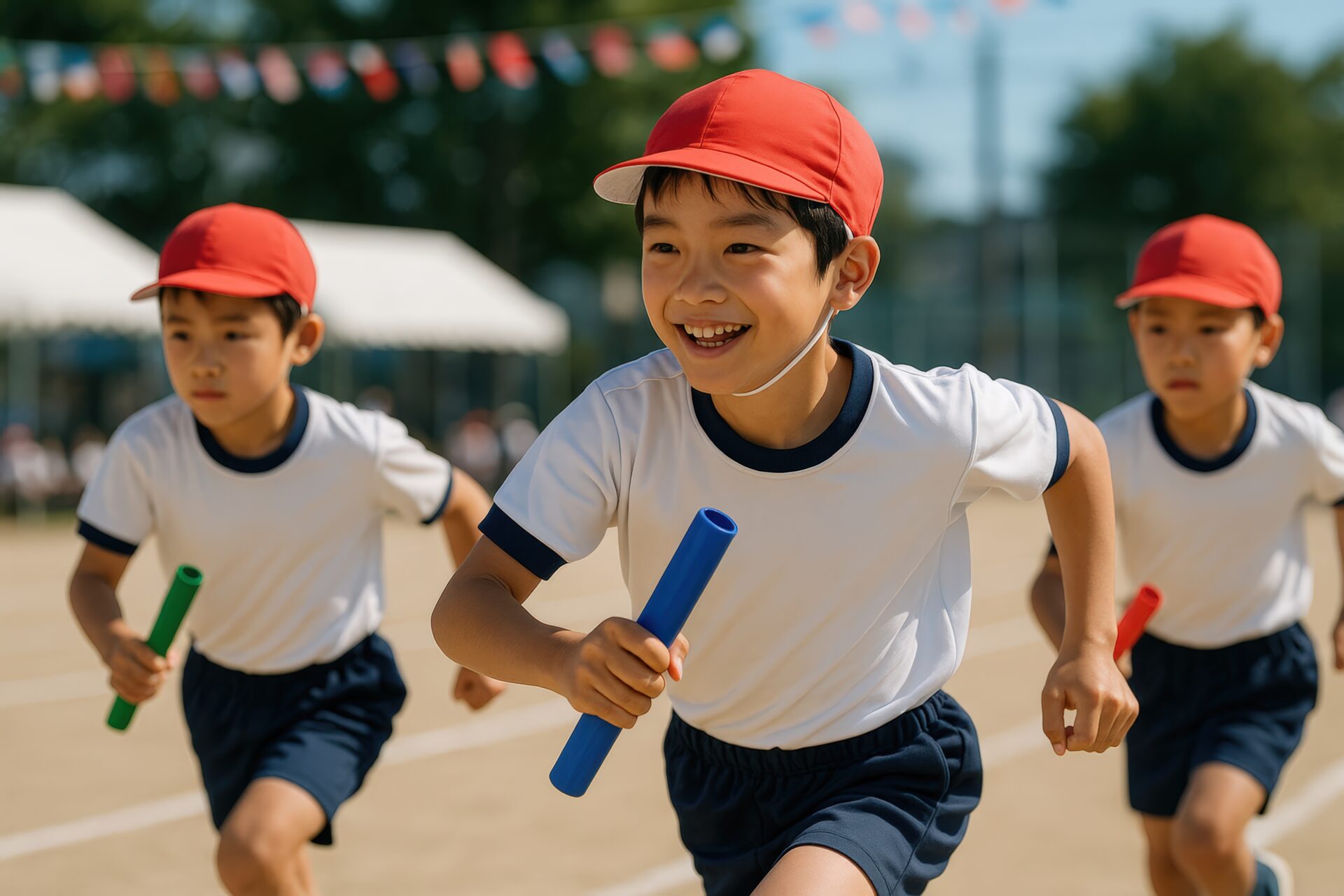 笑顔でリレーを走る小学生の男の子たち