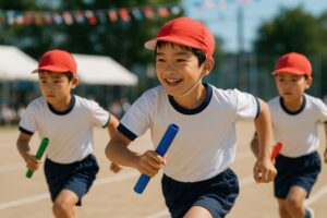 笑顔でリレーを走る小学生の男の子たち