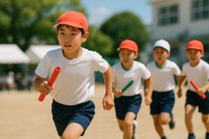 全力で走るリレー中の小学生の男の子たち