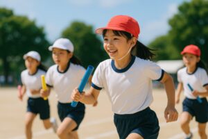 運動会でリレーに参加する笑顔の小学生の女の子