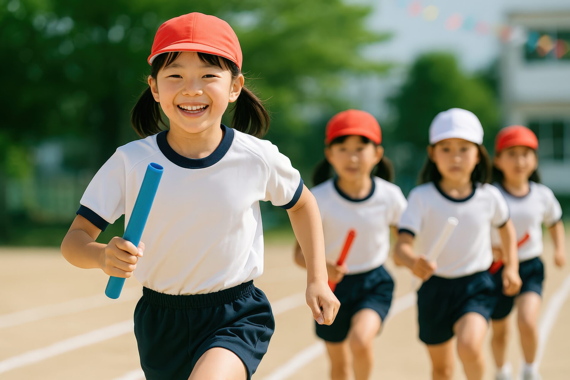 バトンを持って走る小学生の女の子たち