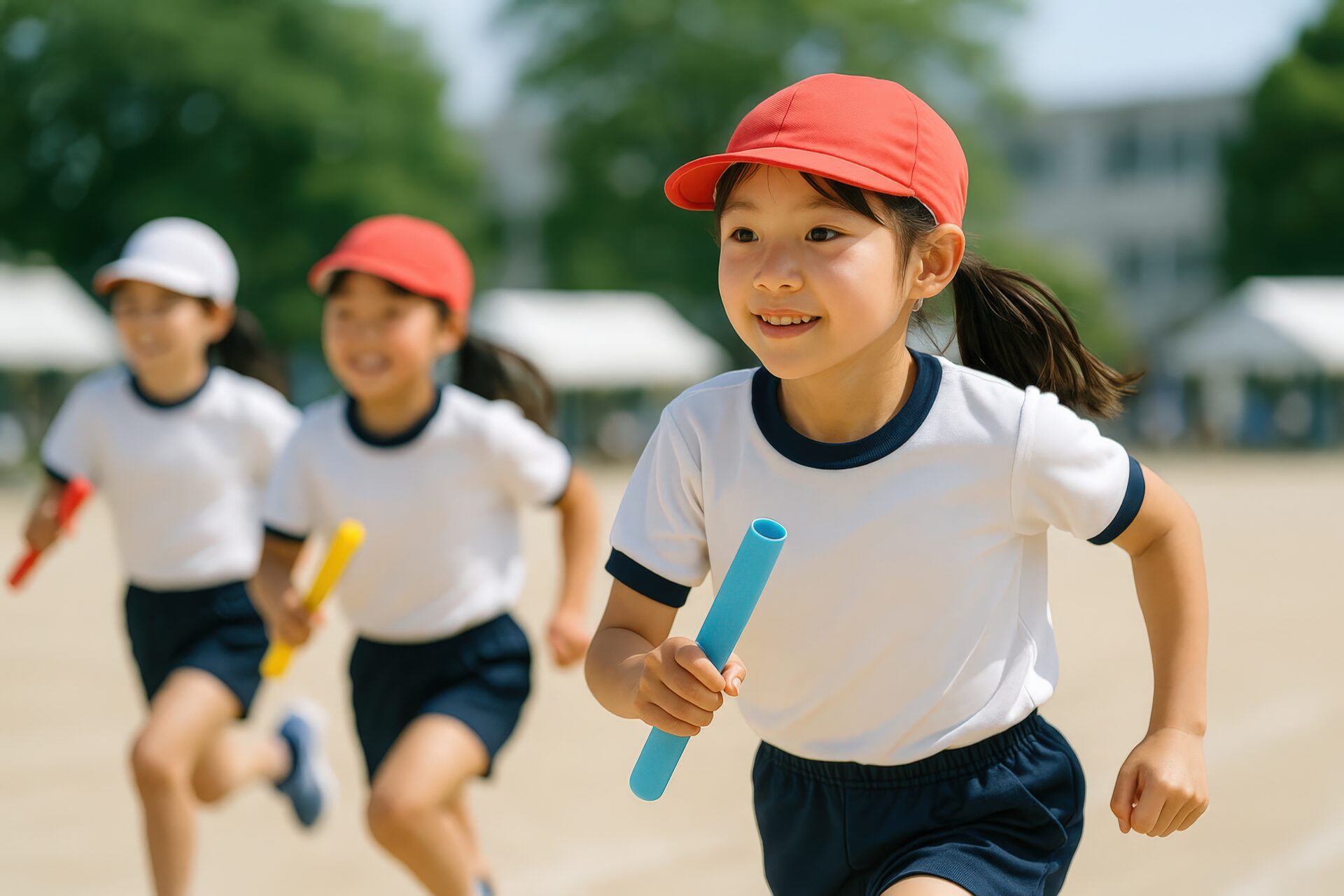 リレー競技で疾走する小学生の女の子