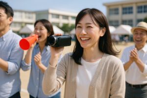 運動会で応援しながらビデオを撮る母親