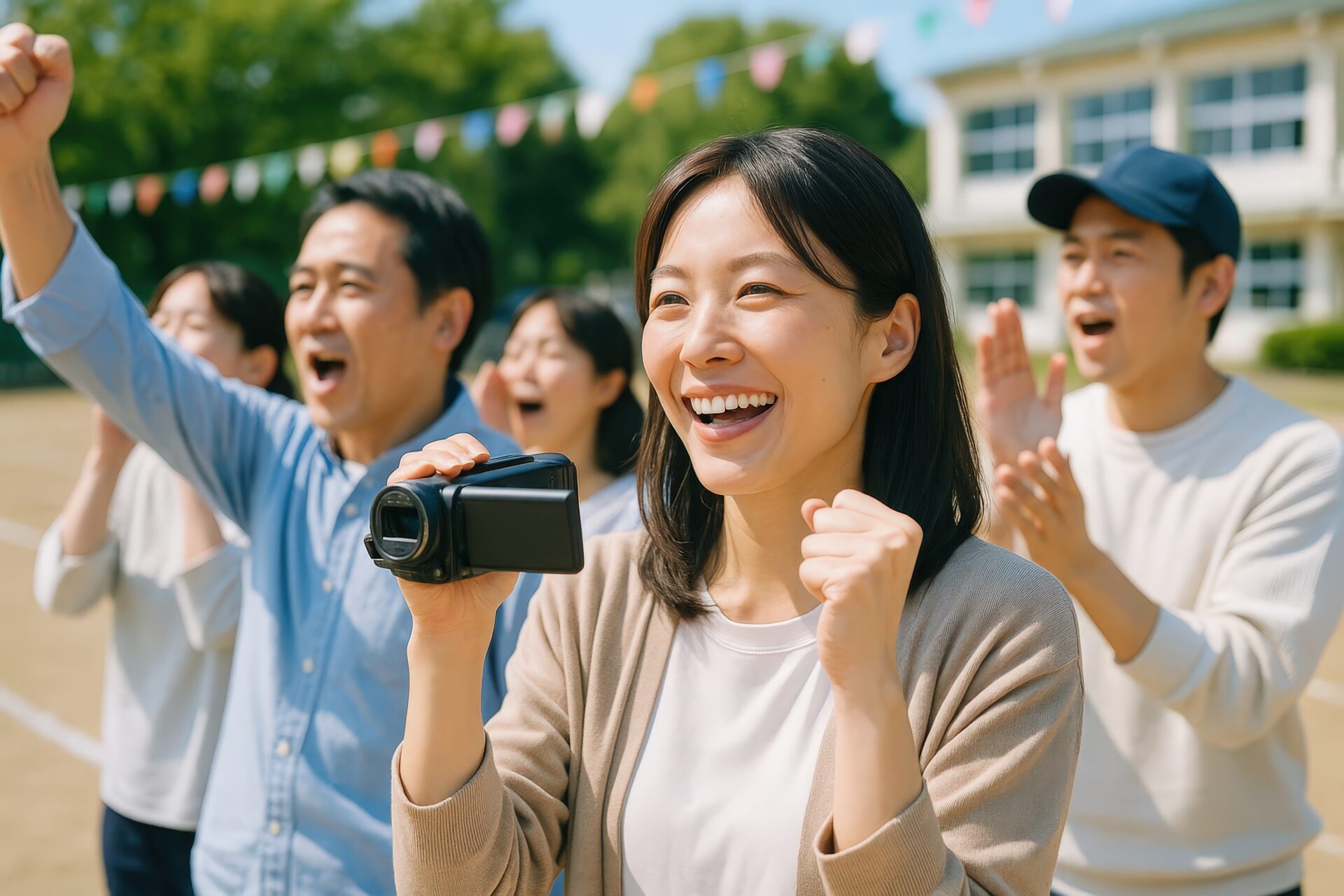 運動会を応援しながらビデオ撮影する母親と観客