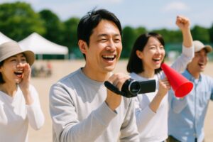 笑顔で子どもの活躍を撮影する父親と応援する観客