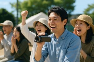 運動会で子どもを応援する父親と観客たち