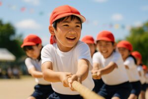 笑顔で綱引きをする小学生の男の子と仲間たち