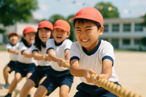 運動会で綱引きを頑張る小学生たち