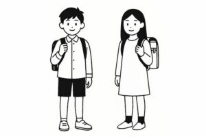 ランドセルを持った小学生男女の白黒イラスト