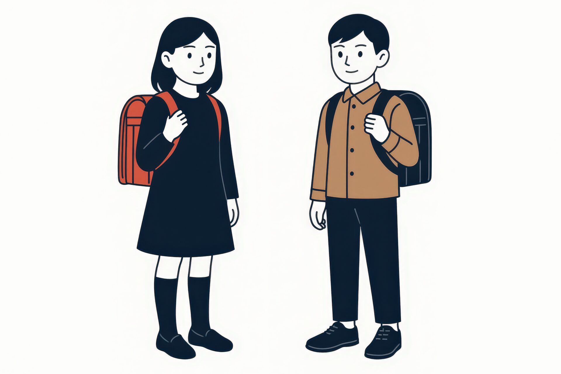 ランドセルを背負う小学生男女のイラスト（制服姿）