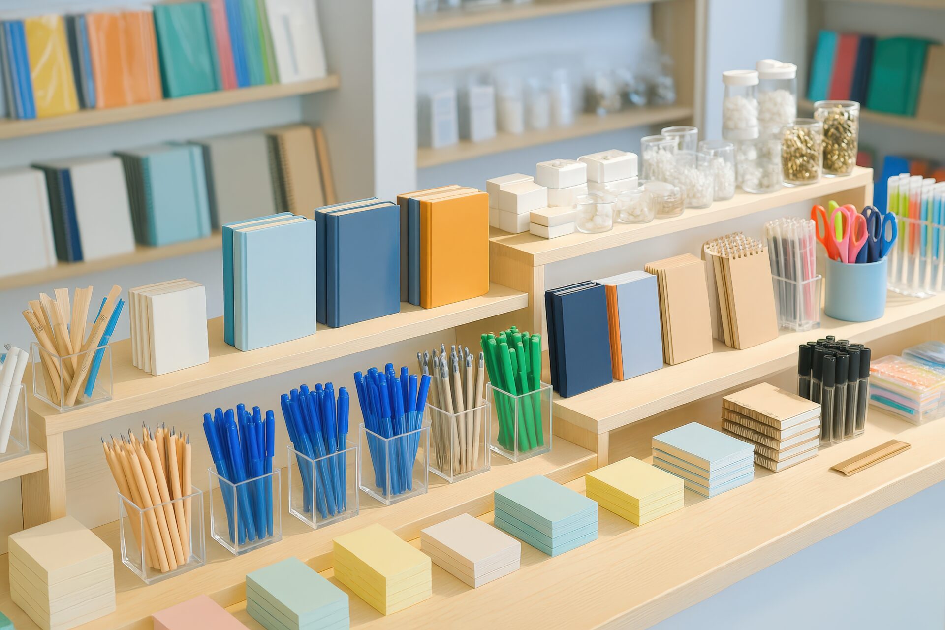 カラフルに整然と並んだ文房具とノートの陳列棚