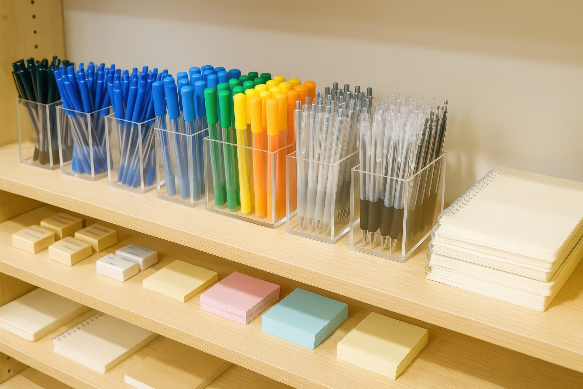 ペンやノートが並ぶ文房具売り場の一角