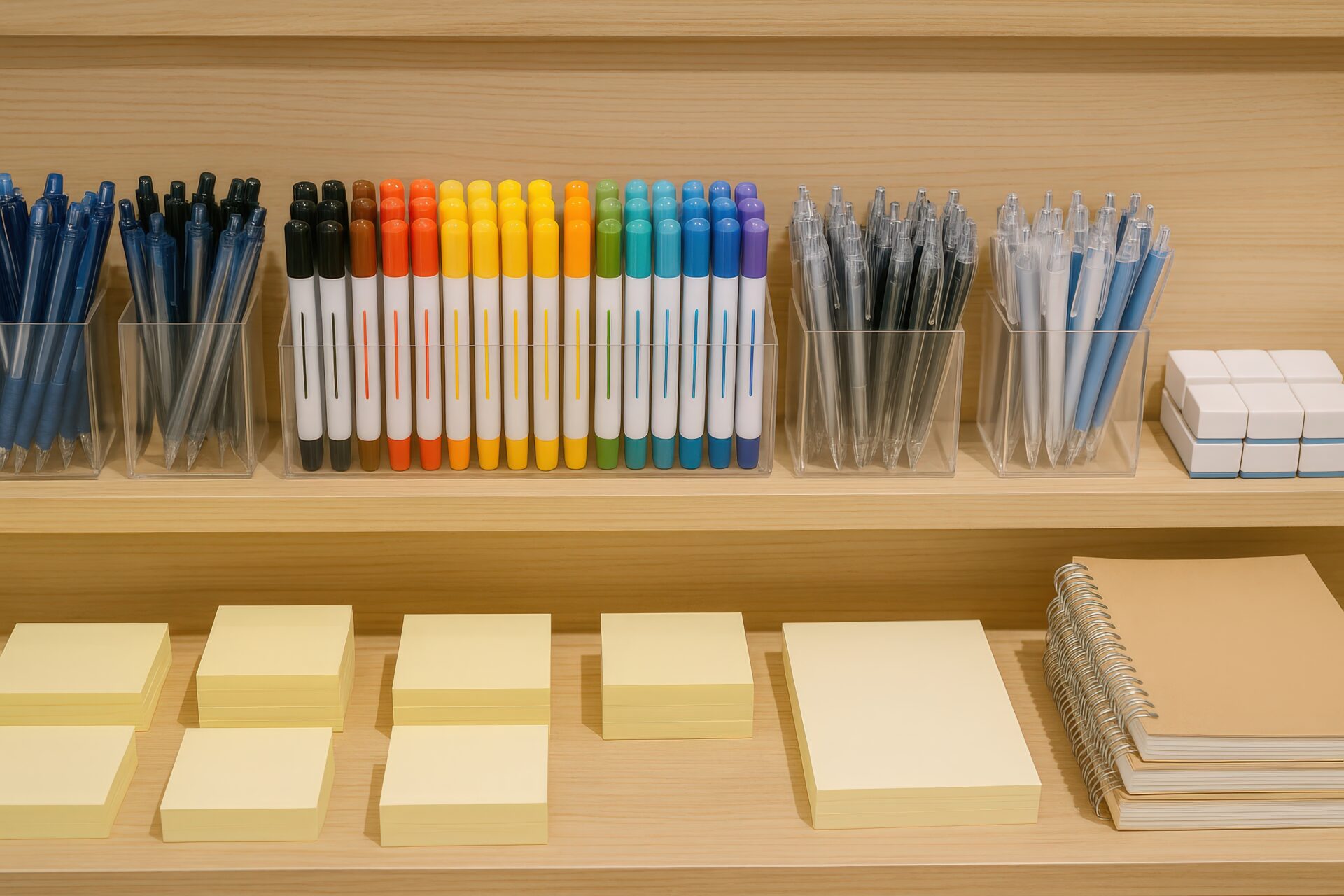 整然とした文具売り場に並ぶペンとメモ帳