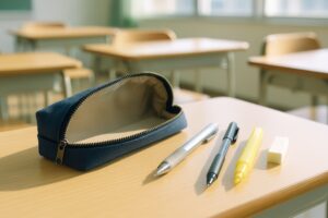 教室の机に並べられた筆箱と文房具