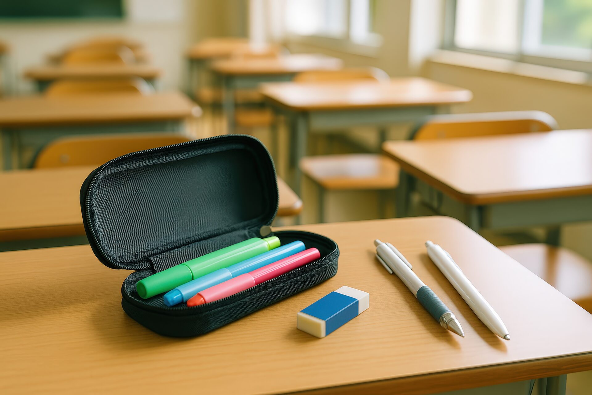 教室の机の上に置かれたカラフルな筆記用具と筆箱