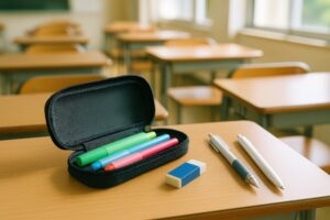 教室の机の上に置かれたカラフルな筆記用具と筆箱