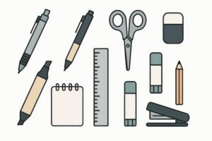 文房具のイラストセット（ペン・ハサミ・消しゴムなど）