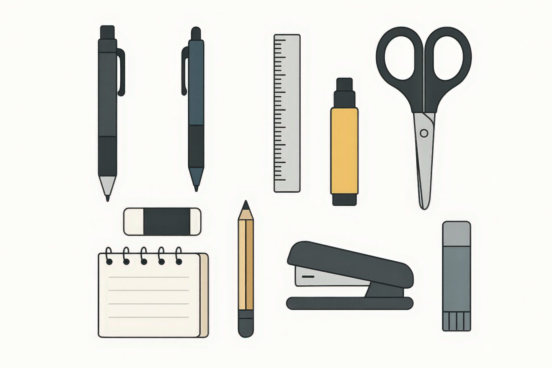 シンプルな文房具のイラスト素材セット