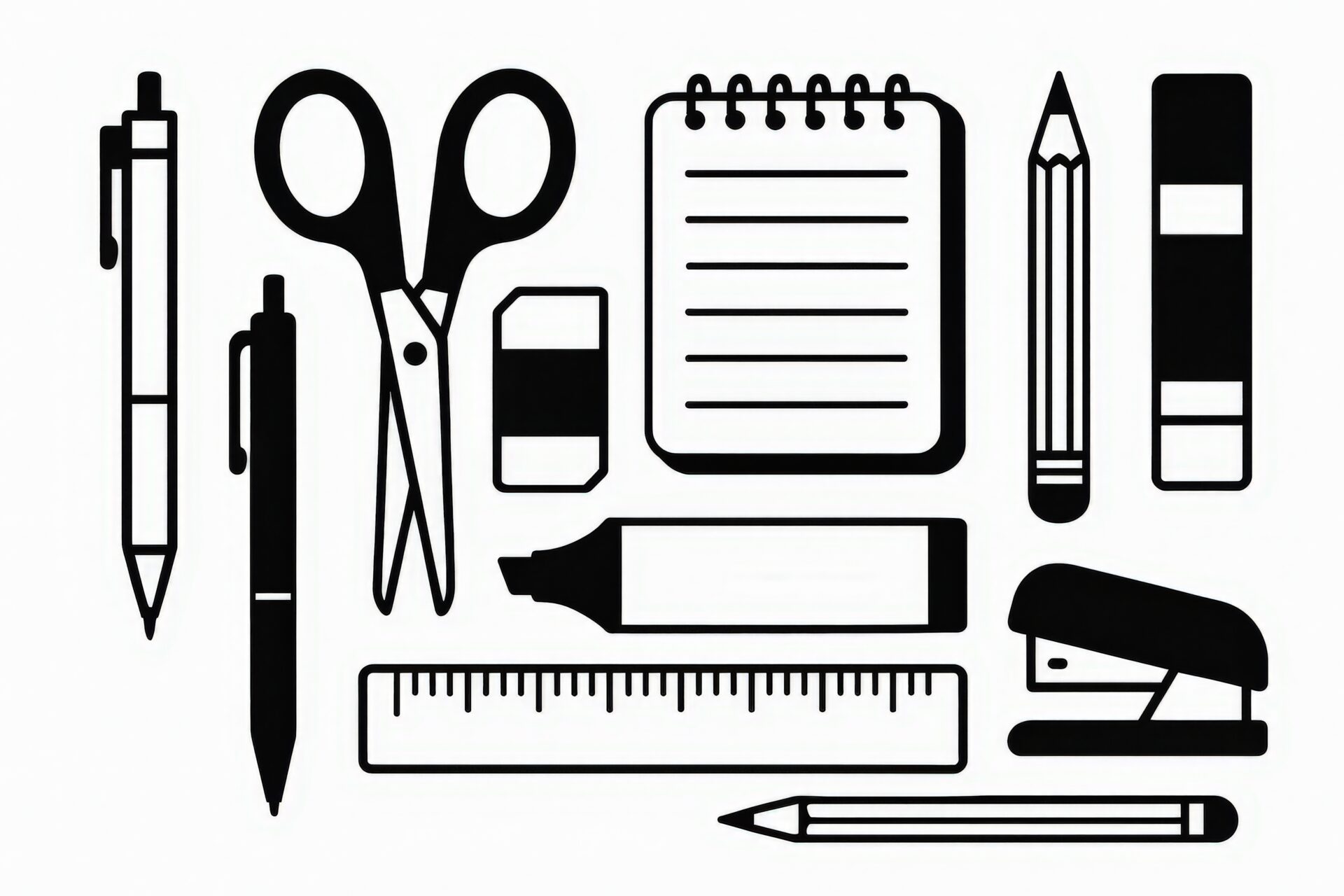 文房具の白黒イラストセット（ペン・定規・ノートなど）