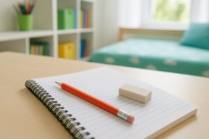 子供部屋の机に置かれた鉛筆と消しゴムとノート