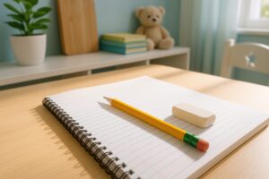 明るい部屋で机に置かれた文房具とノート