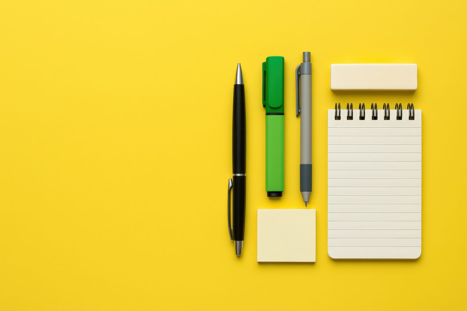 黄色背景に映える文房具とノートの平置き構図