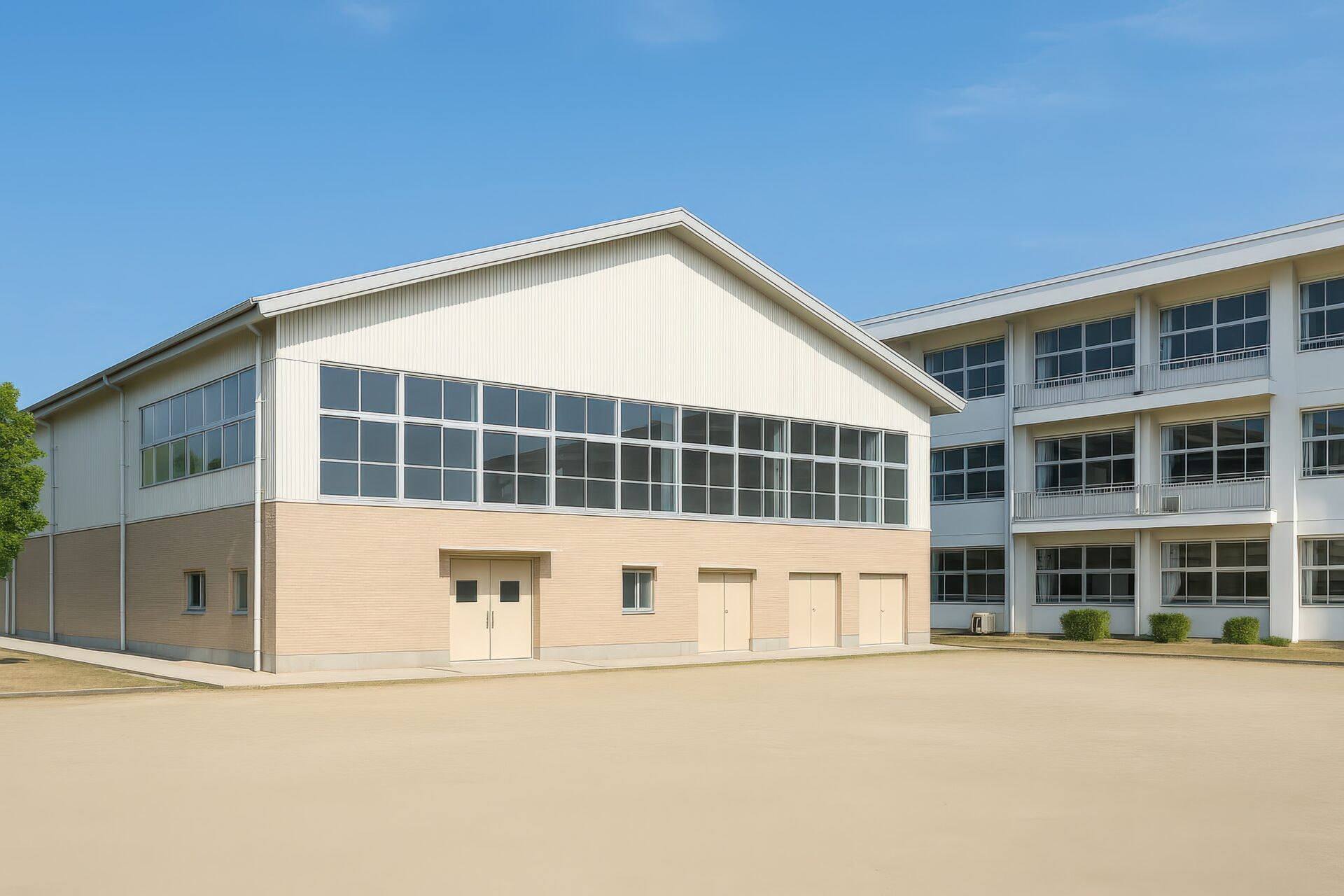 校庭から見た日本の小学校の体育館と校舎
