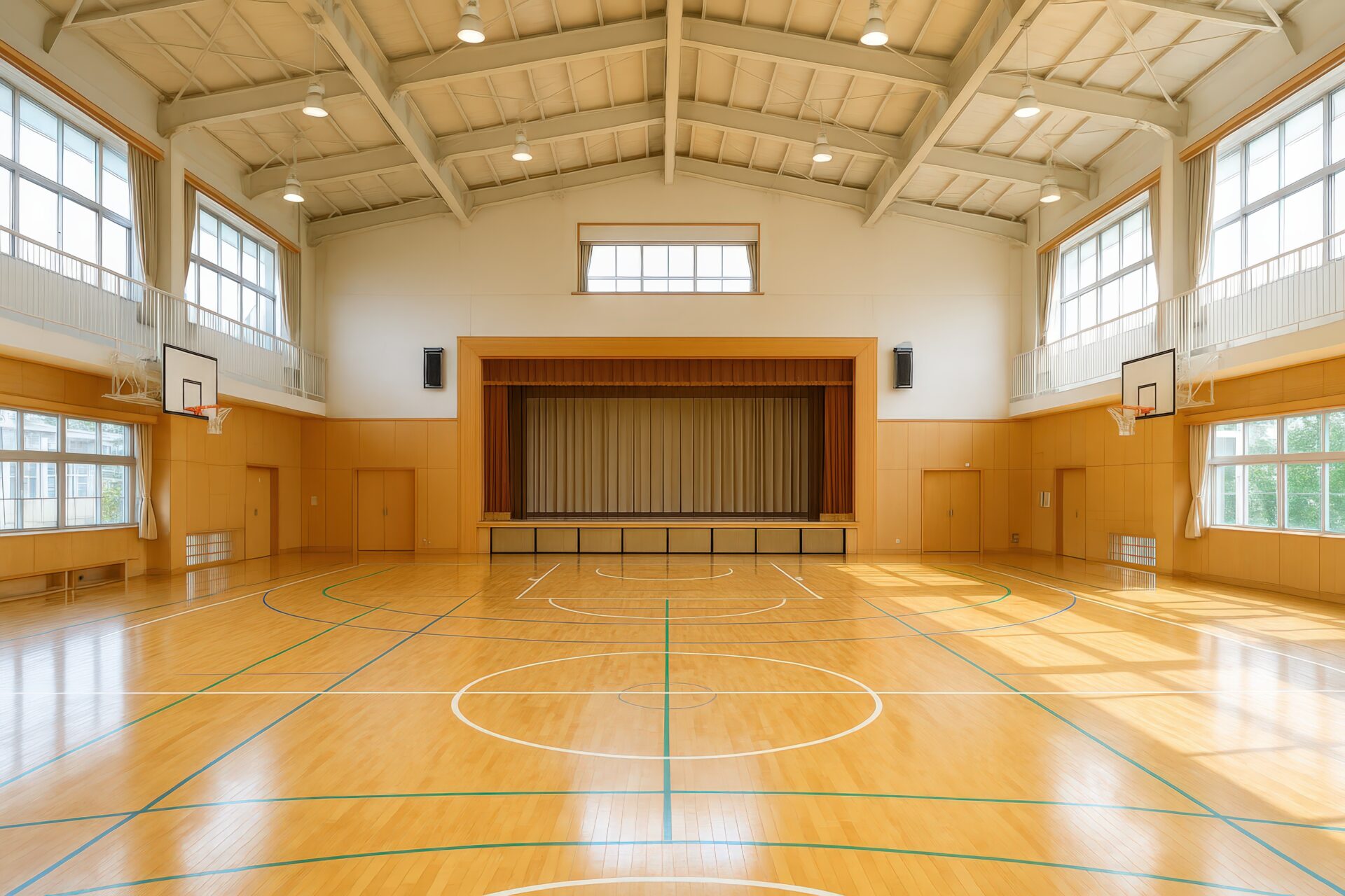 ステージ付き体育館のバスケットコート全景
