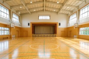 ステージ付き体育館のバスケットコート全景