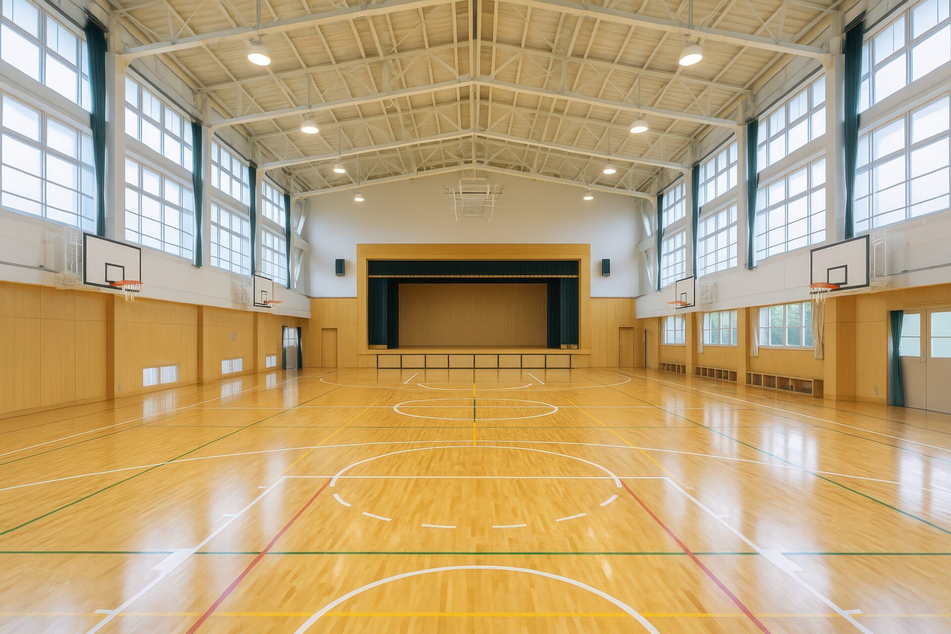 自然光が差し込む日本の小学校の体育館内観