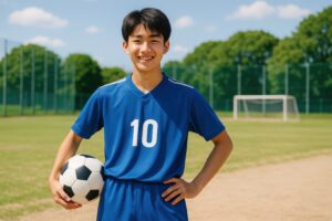 青いユニフォームでサッカーボールを持つ笑顔の少年