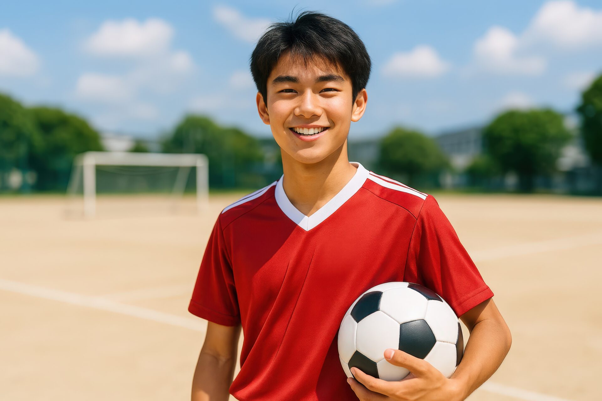 赤いユニフォームでサッカーボールを持つ笑顔の少年