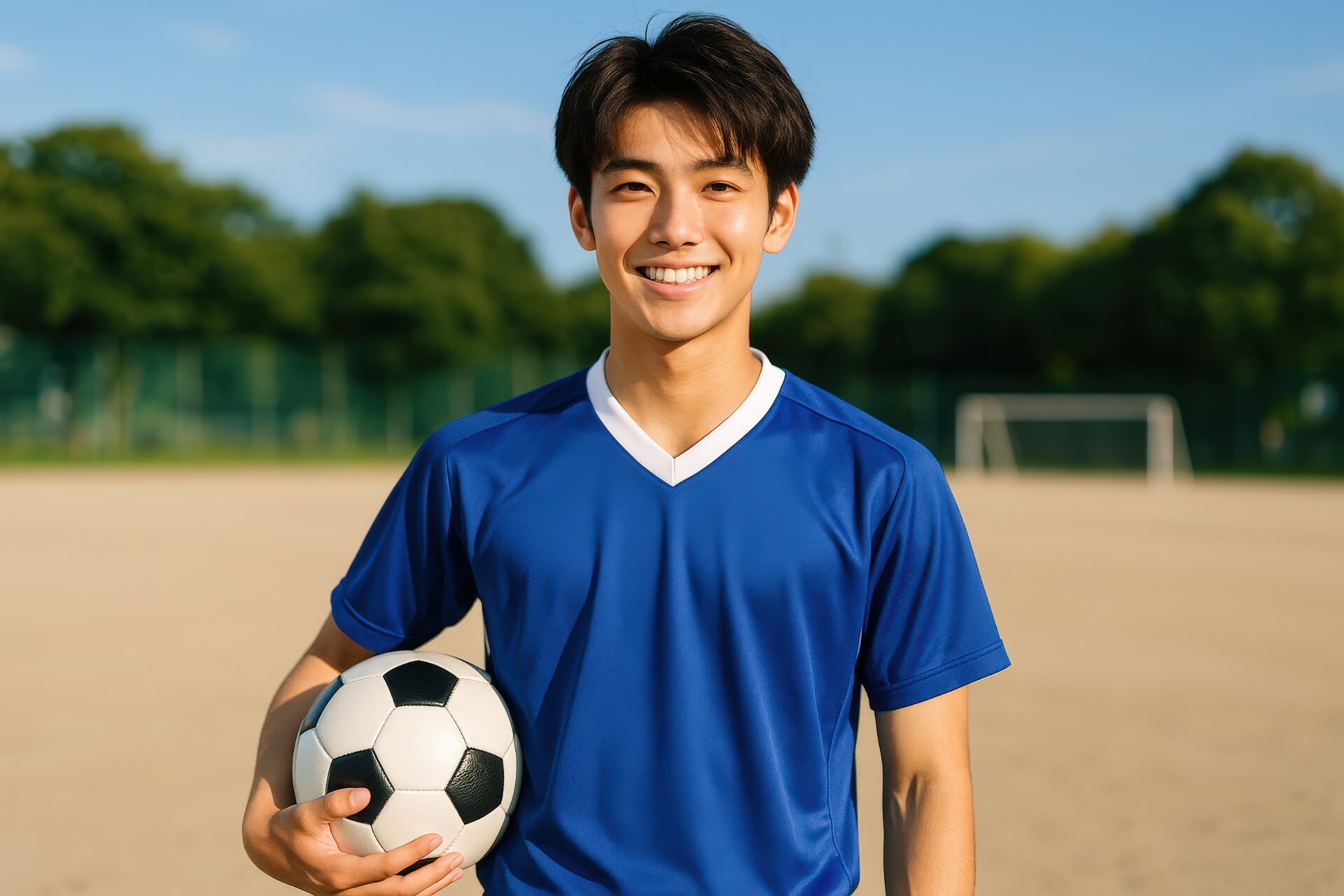 青いサッカーユニフォームでボールを抱える少年