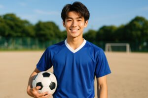 青いサッカーユニフォームでボールを抱える少年