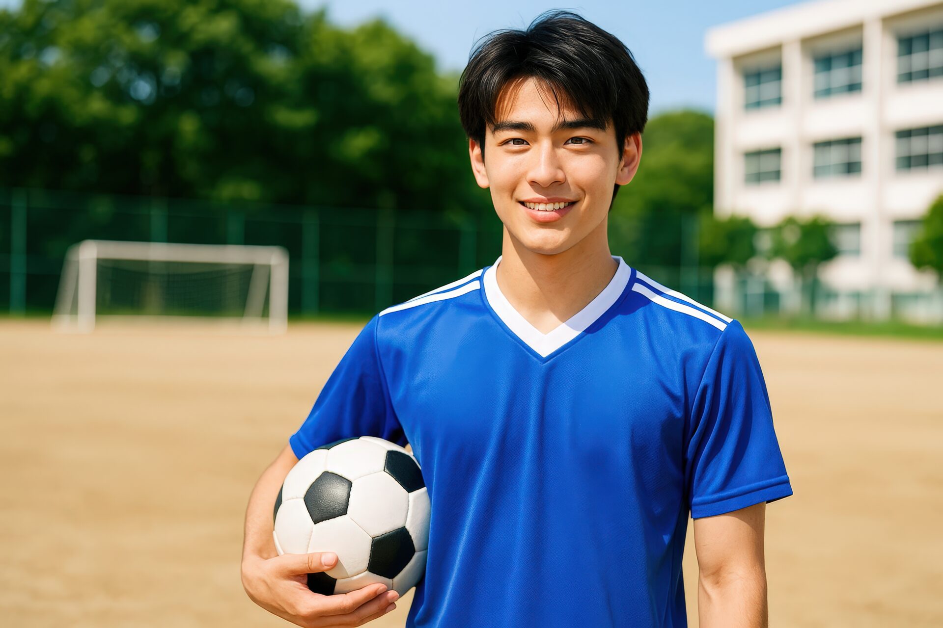 サッカーボールを持ち笑顔を見せる青いユニフォームの少年